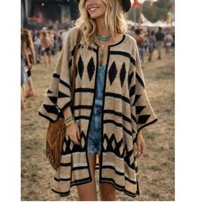 Lucky Brand wool blend poncho cape boho bohemian southwestern one size OS